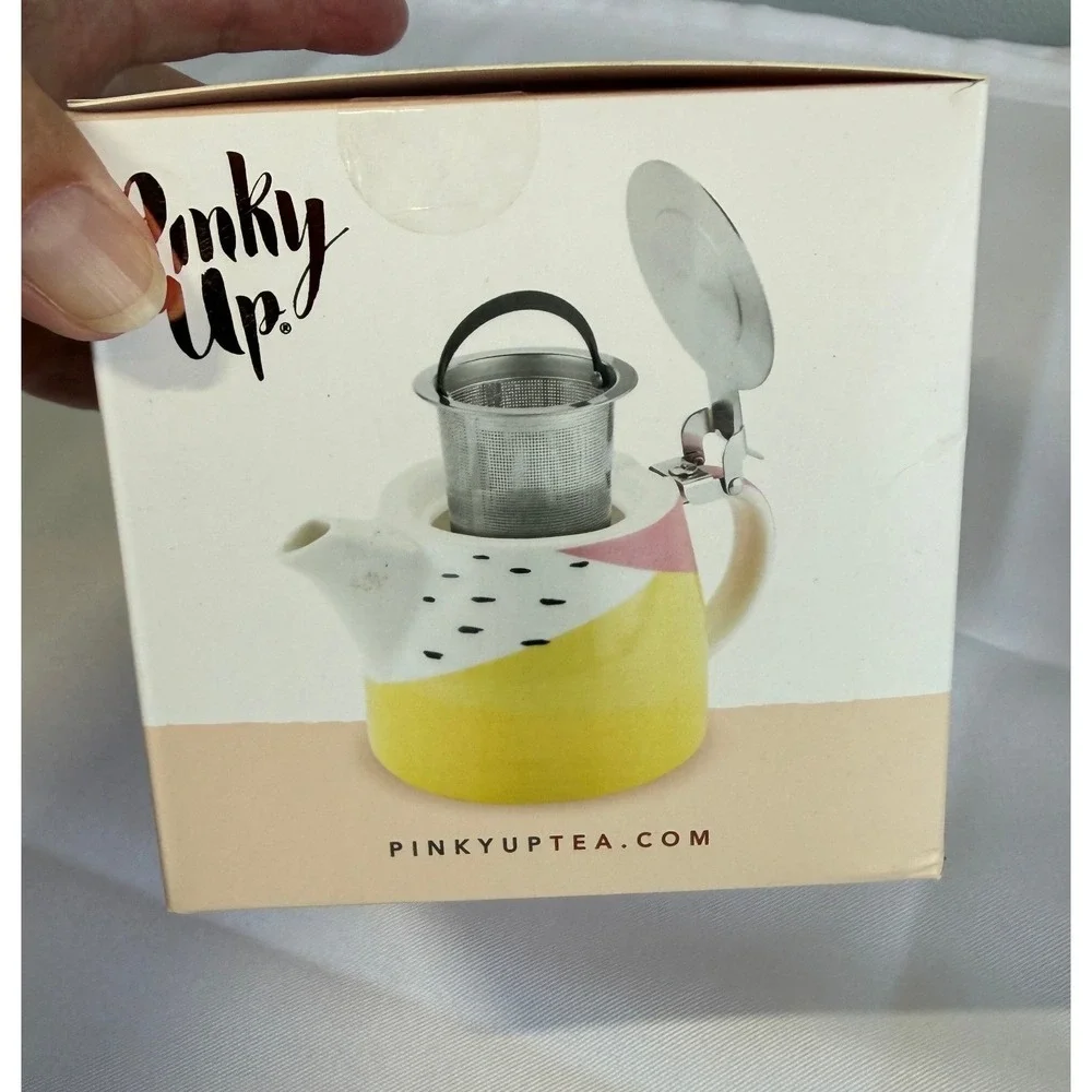 NEW Pinky Up Harper Ceramic Teapot & Infuser 20 oz Pink Yellow Abstract Design